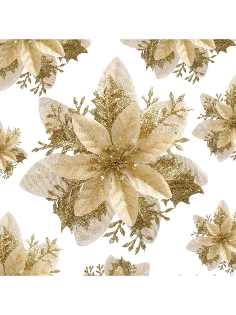12 Pcs Gold Glitter Poinsettia Flowers - Artificial Christmas Decor with Clips